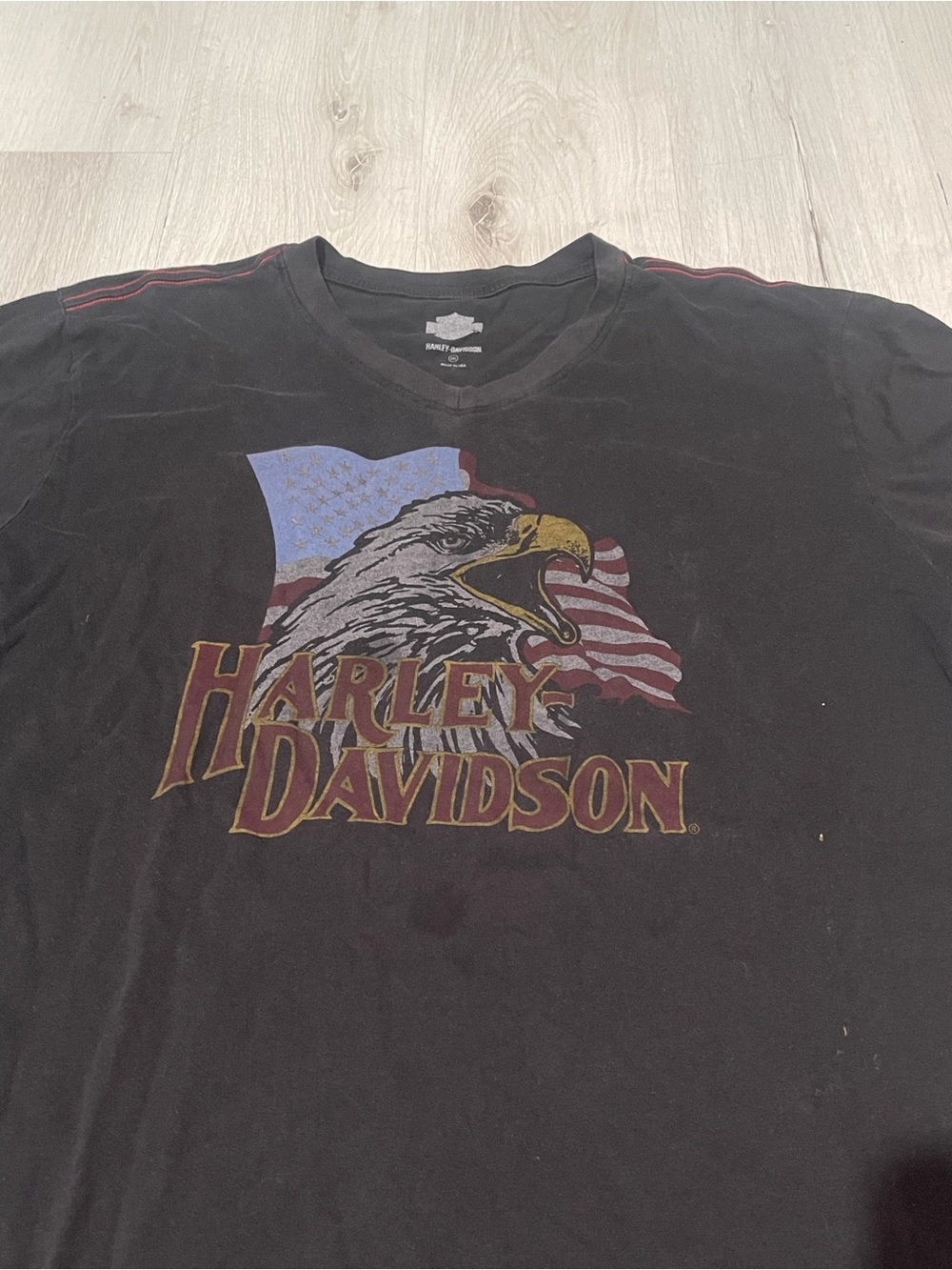 Vintage Harley-Davidson Black Tee with Eagle, Flag and Gold Logo